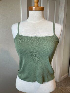90s Bulldog Guaranteed Tough Spaghetti Tank Top Light Green Off-White Lace